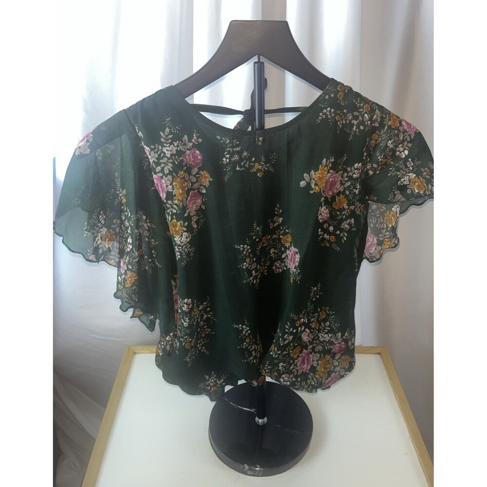 Studio 51 9-10 Years Girls Dark Green Floral Top Flutter Sleeve Fairycore